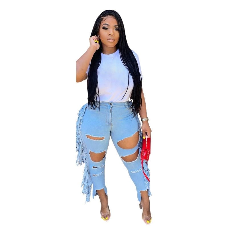 New Plus Size 5XL Jeans Women Tassel Bodycon Stretch Pockets High Waist Fashion Denim Pencil Pants 2021 Wholesale Dropshipping