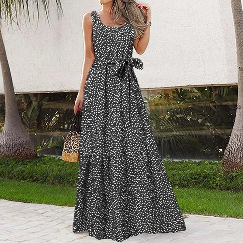 2022 Summer Bohemian Long Dress Celmia Women Sexy Sleeveless Pleated Vestidos Floral Print Belted Party Maxi Dress