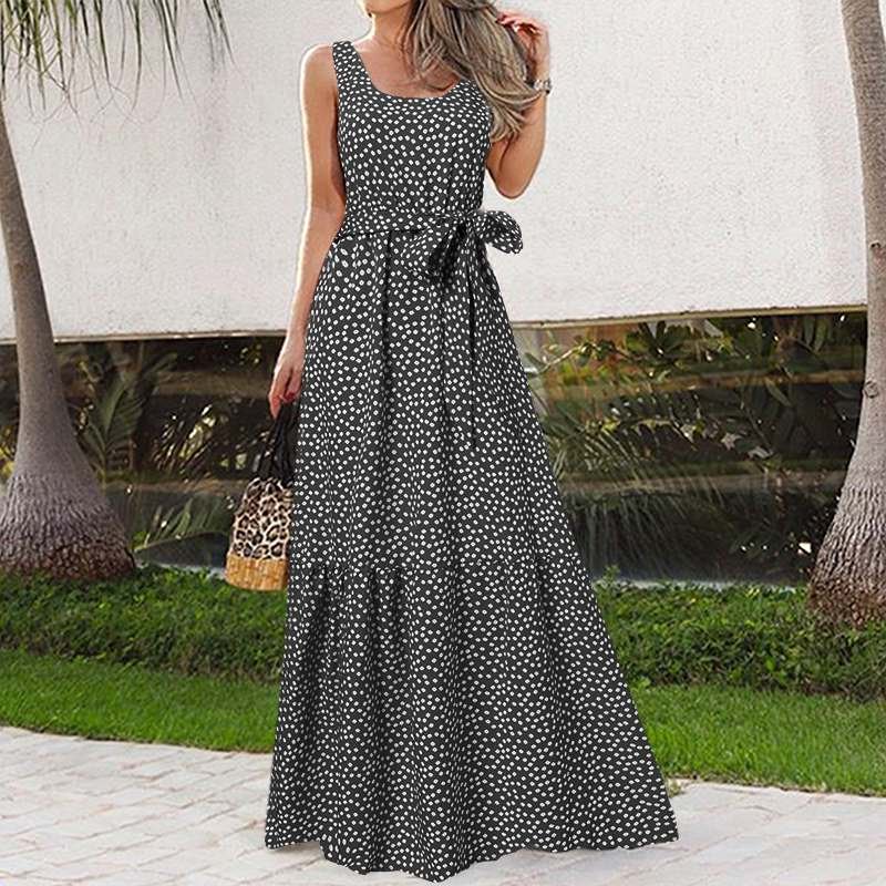 2022 Summer Bohemian Long Dress Celmia Women Sexy Sleeveless Pleated Vestidos Floral Print Belted Party Maxi Dress