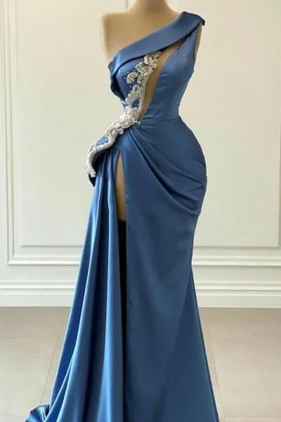 Dark Blue One Shoulder Mermaid Prom Dress With Beads main image 0