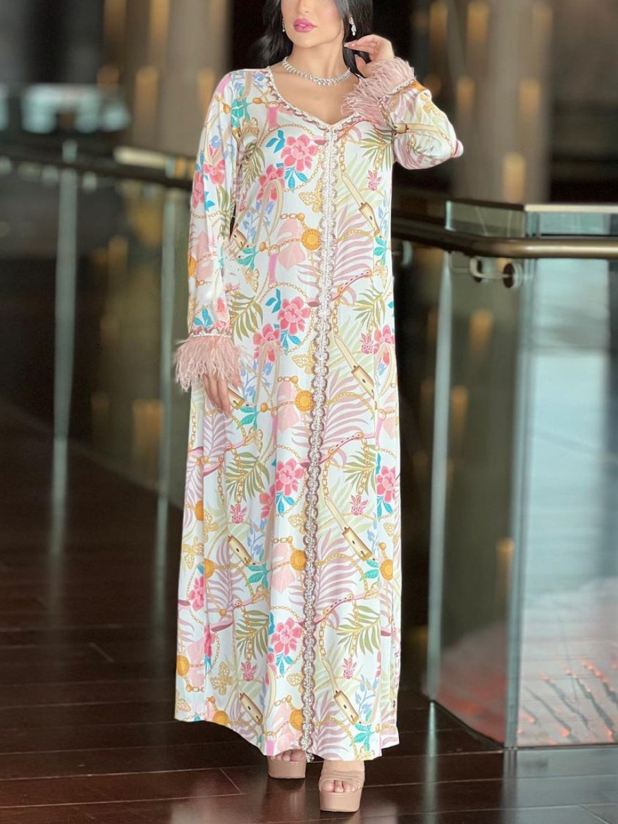 Tassel Sleeve Flowers Printed Loose Elegant Gown | Oxredo Shop Ramadan Sale