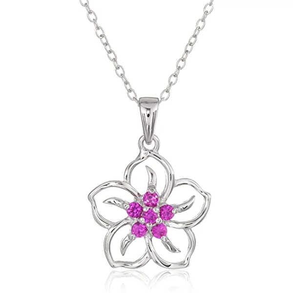 Amazon Essentials Genuine or Created Gemstone Birthstone Flower Pendant Necklace with Chain in Sterling Silver, 18" (previously Amazon Collection) Created White Sapphire, April