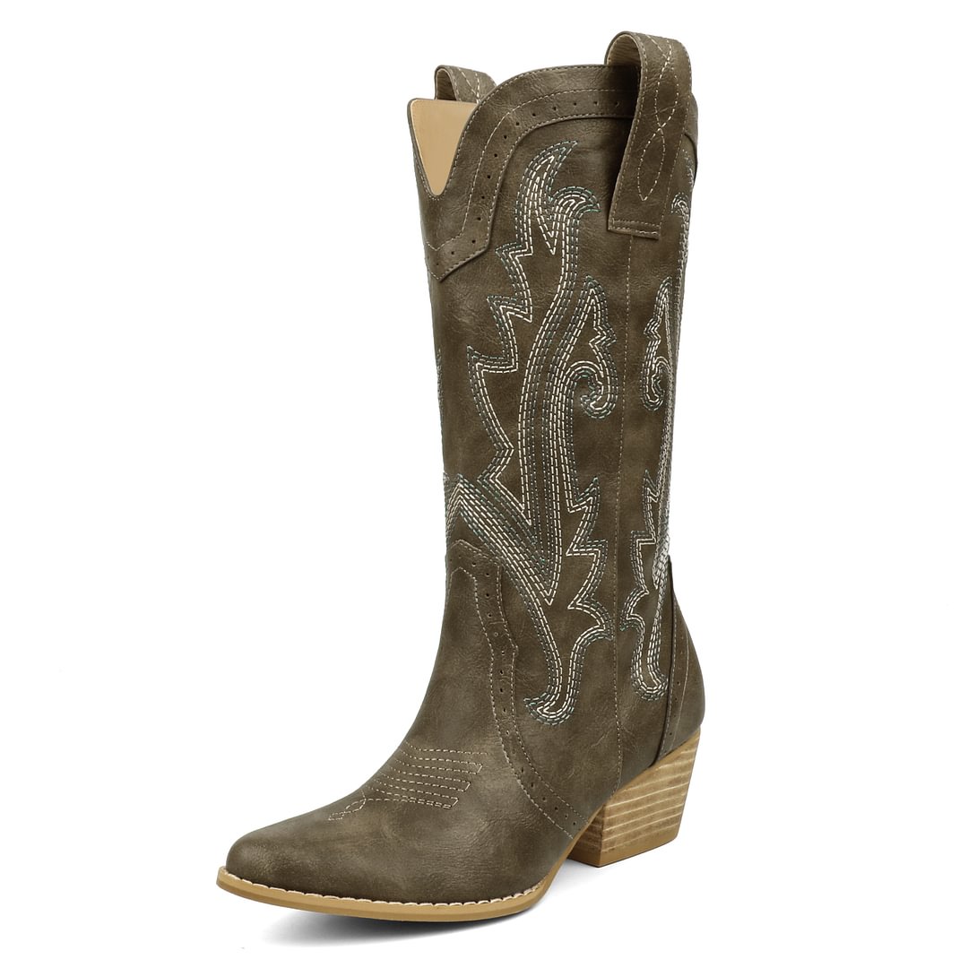 2" Women's Pointed Toe Embroidered Cowboy Boots Vintage Style Western Cowgirl Boots-MERUMOTE
