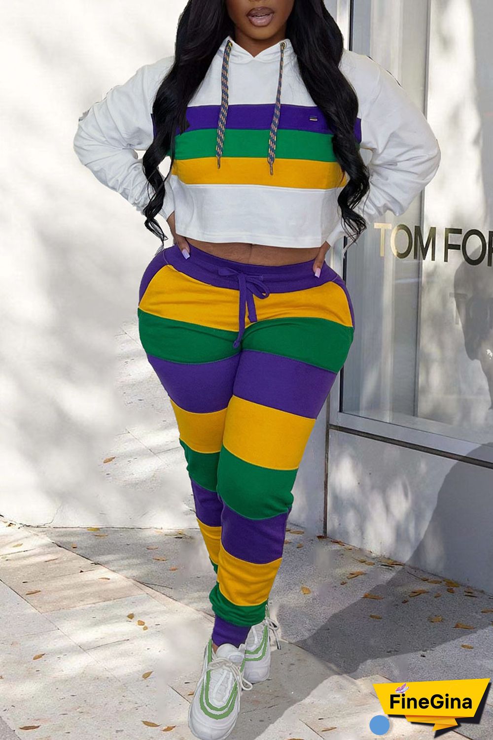 White Casual Striped Print Patchwork Hooded Collar Long Sleeve Two Pieces