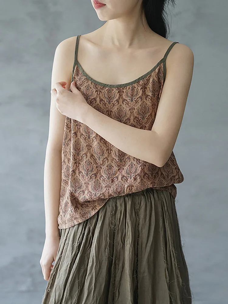Women Summer Vintage Print Linen Vest