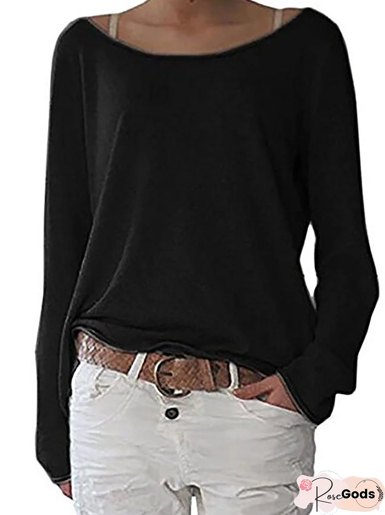 Crew Neck Long Sleeve Cotton Solid T-Shirt