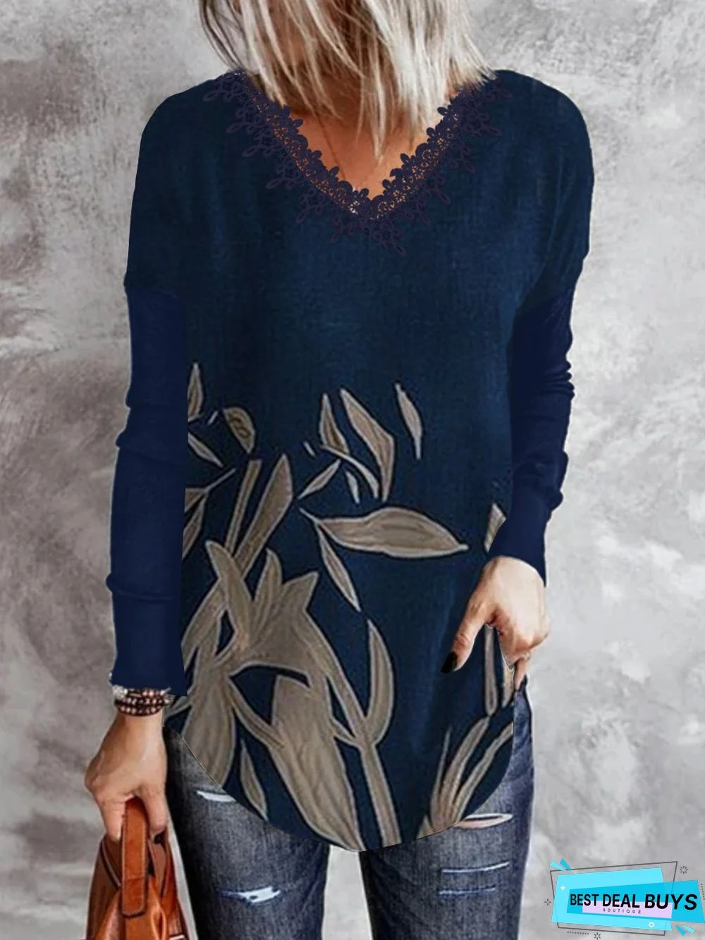 Long Sleeve V Neck Floral Holiday Tunic T-Shirt