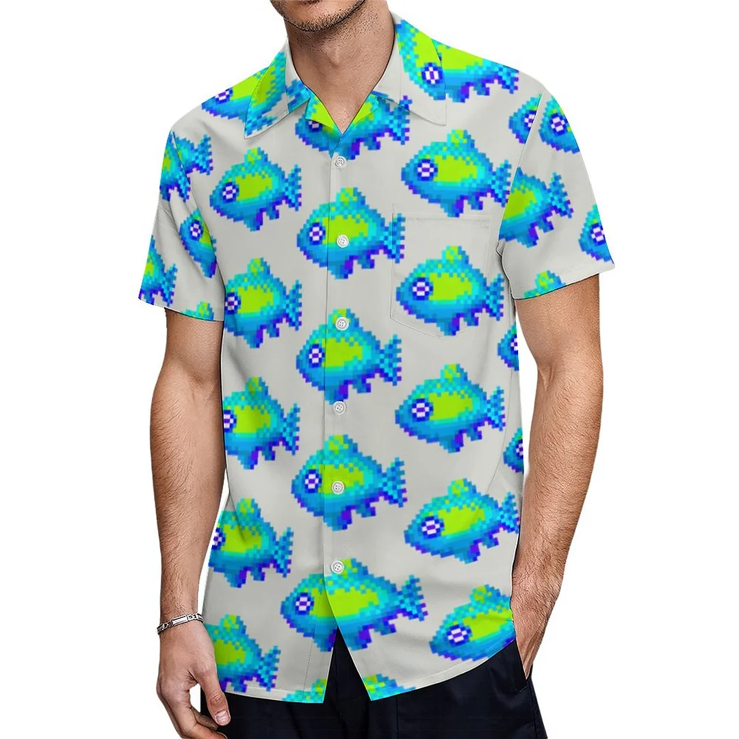 Short Sleeve 8 Bit Pixel Art Fish Blue Green Hawaiian Shirt Mens Button Down Plus Size Tropical Hawaii Beach Shirts