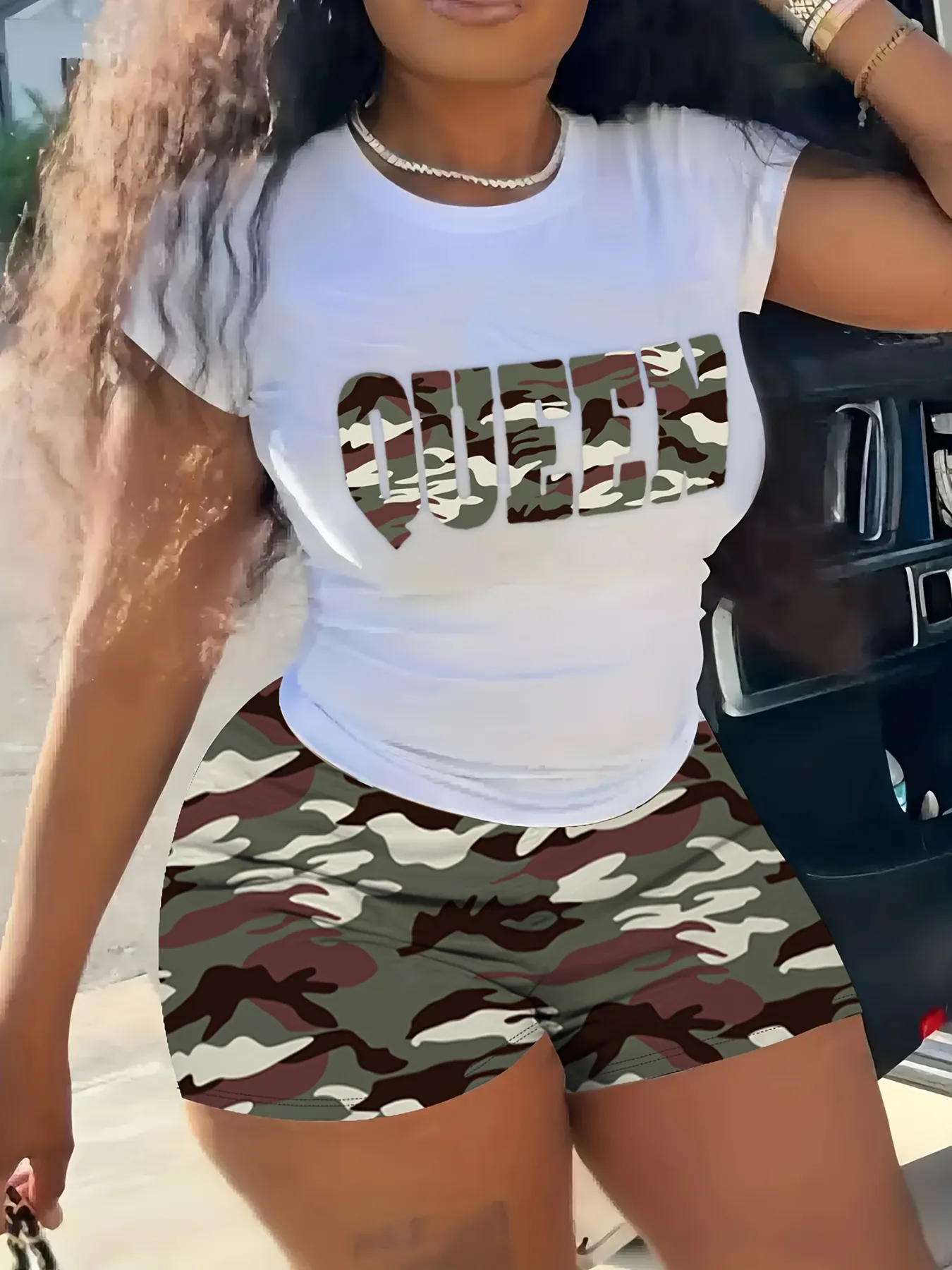 Summer Streetwear 2 Sets Set Women's Short Sleeved Crop Top Camouflage Short | IFYHOME