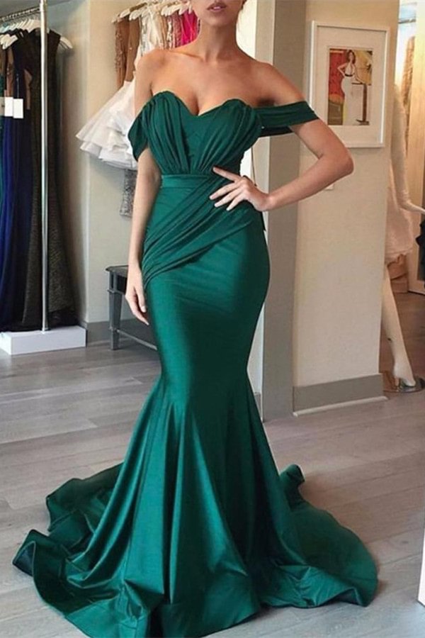 Luluslly Off-the-Shoulder Dark Green Mermaid Long Evening Dress