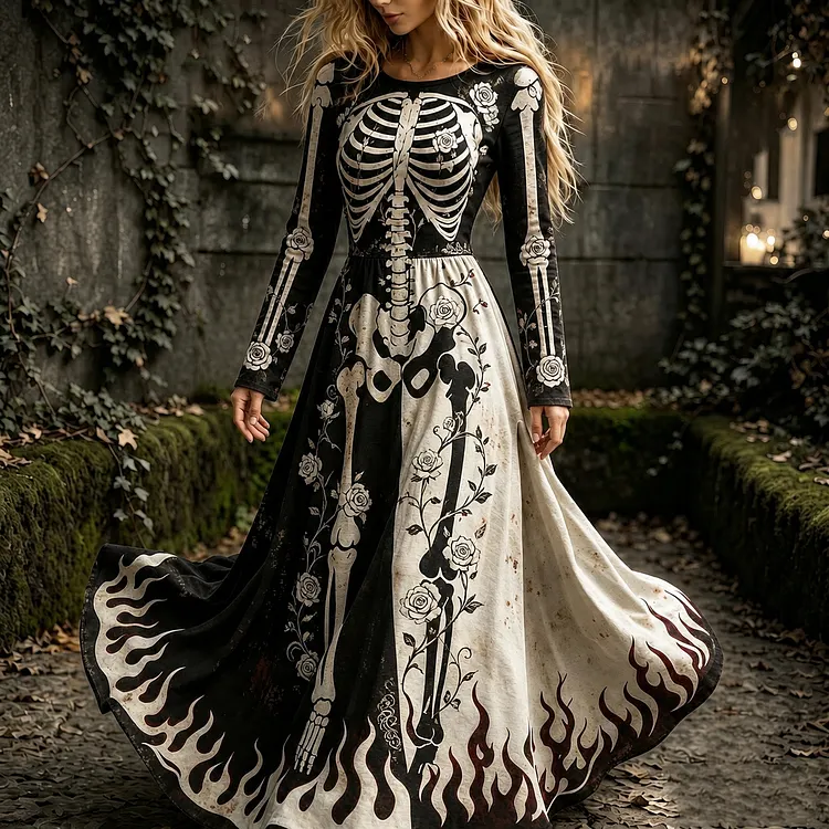 Women's Vintage Halloween Color Block Skeleton And Floral Art Print Crew Neck Long Sleeve Maxi Dress