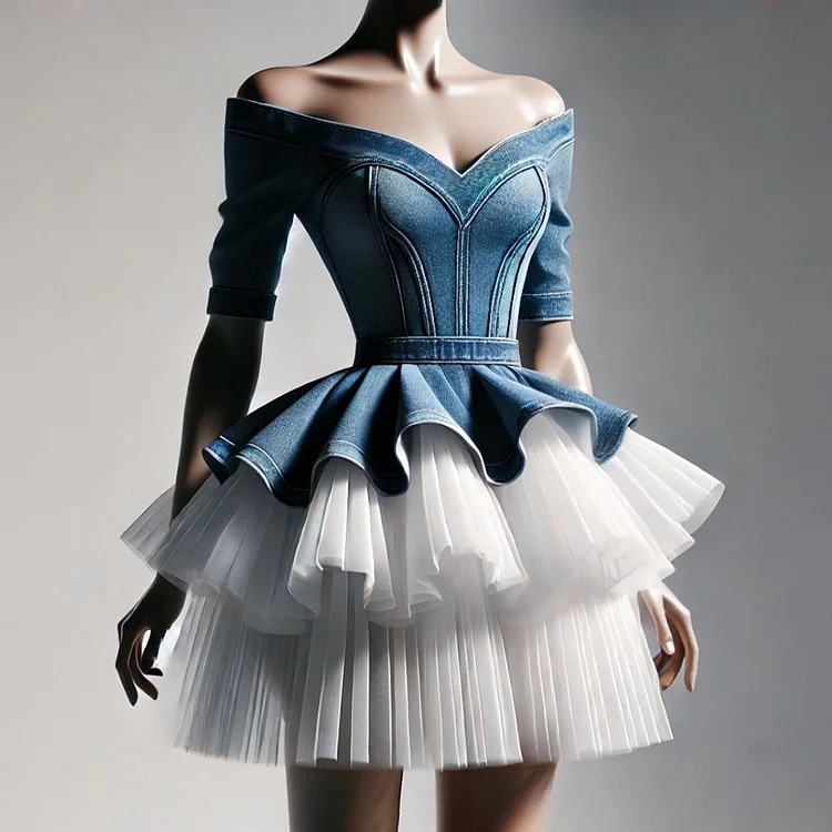 Retro Denim Off Shoulder Half Sleeve Corset Peplum Blouse