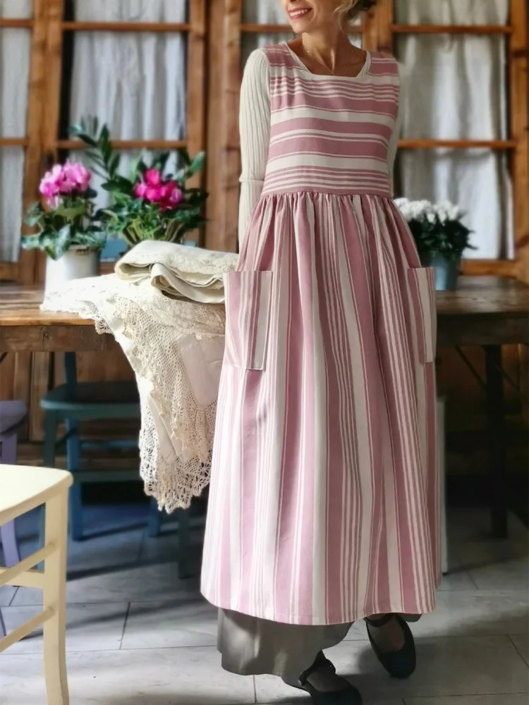 Pink and Cream Striped Cotton Apron