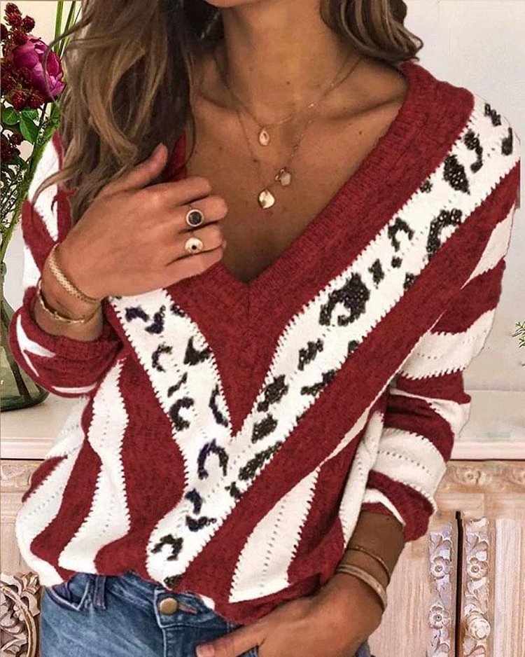 Leopard Print Drop Shoulder V Neck Sweater - Shop Trendy Women's Clothing | LoverChic
