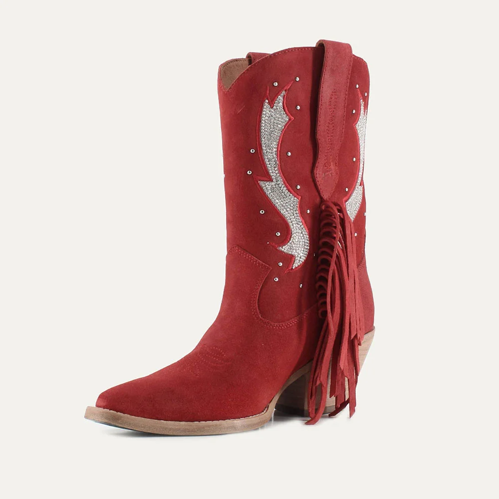 Red Vegan Suede Studded Snip Toe Rhinestone Wide Calf Cowgirl Boots