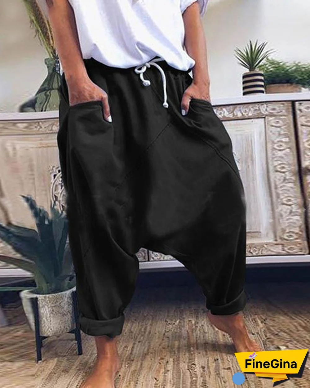 Fashion Cotton Solid Drawstring Waist Loose Pants with Pockets