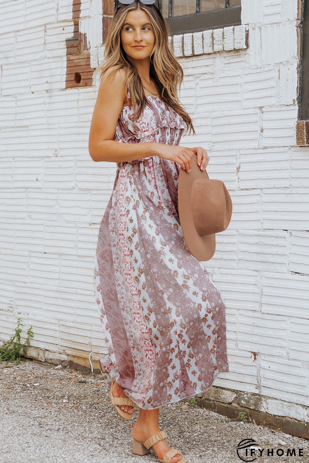 Multicolor Floral Print Frill Trim Smocked Spaghetti Strap Maxi Dress | IFYHOME