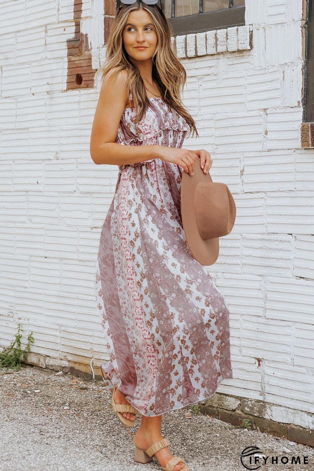 Multicolor Floral Print Frill Trim Smocked Spaghetti Strap Maxi Dress | IFYHOME