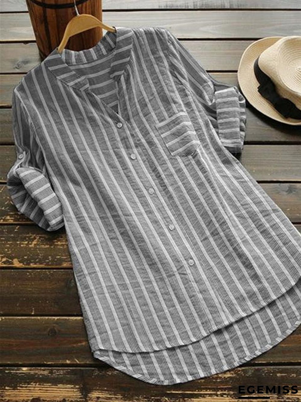Plus Size Women Striped Blouse Tops Casual Work Shirts Elegant V Neck Blouse | EGEMISS