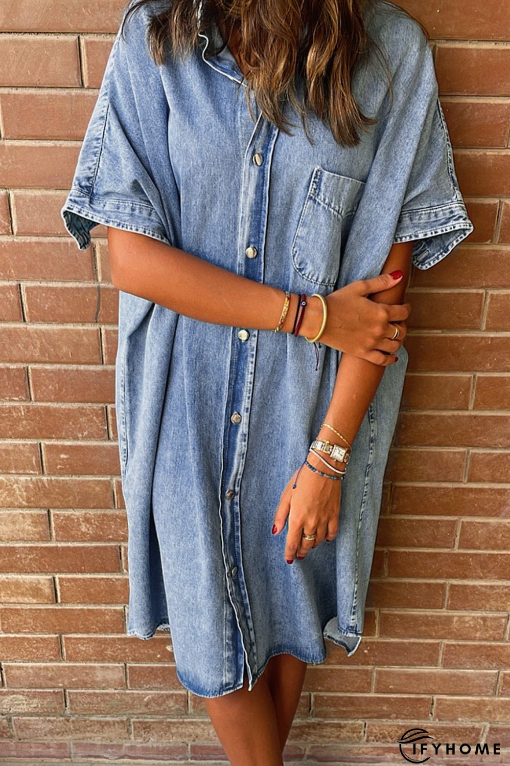Denim Shirt Dress with Button Pockets | IFYHOME