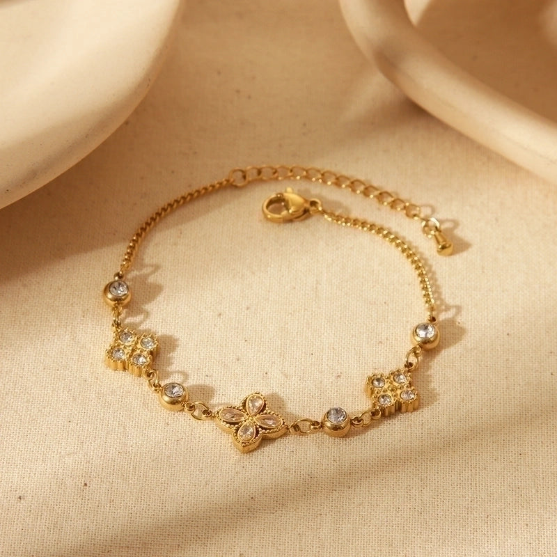 French Style Commute Four Leaf Clover Solid Color Flower 304 Stainless Steel Zircon 18K Gold Plated Inlay Bracelets Earrings Necklace