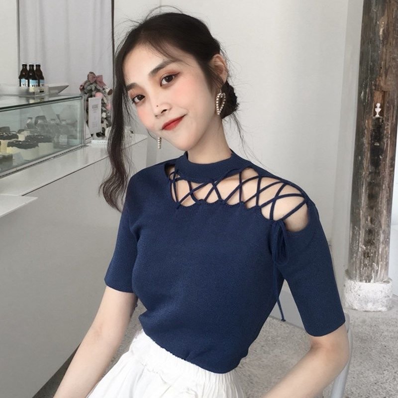 Summer Off Shoulder Top Shirt Knitted Sexy Women Hollow Out Bandage T-shirt Female Korean Fashion Chic Clothes Short Sleeve