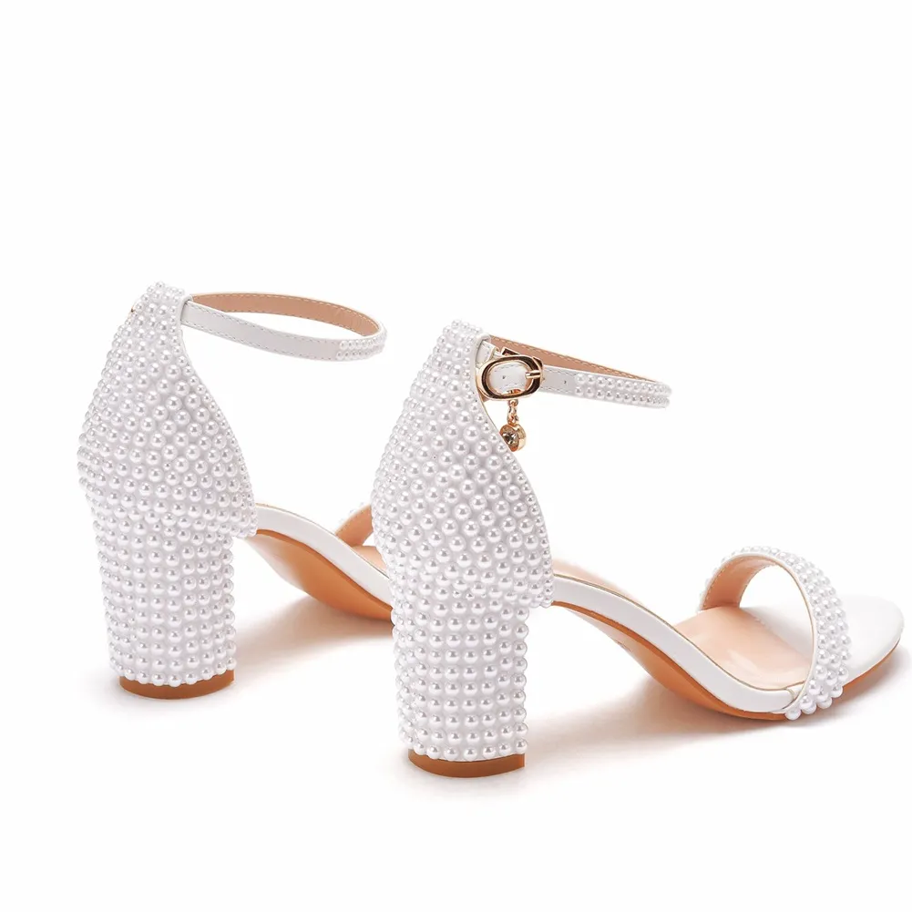 Breakj Breakj Cm Thick Heeled Shallow Word With Sandals Round Head Square Thick Heel Sandals White Pearl Sandals Wedding Shoes