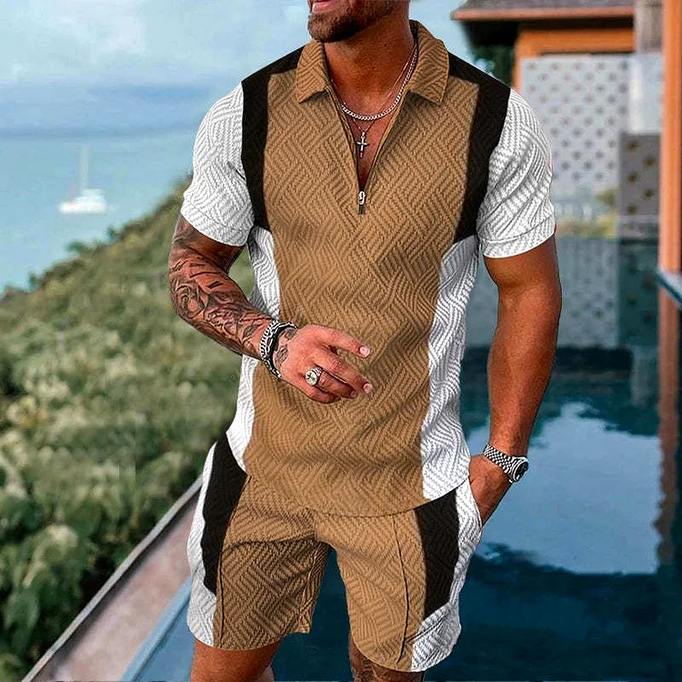 BrosWear Casual Khaki Color Contrast Polo Shirt And Shorts Co-Ord