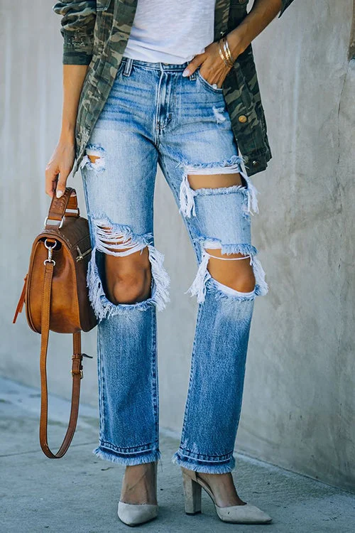 Women's Ripped Jeans Broken Hole Raw Edge Jeans