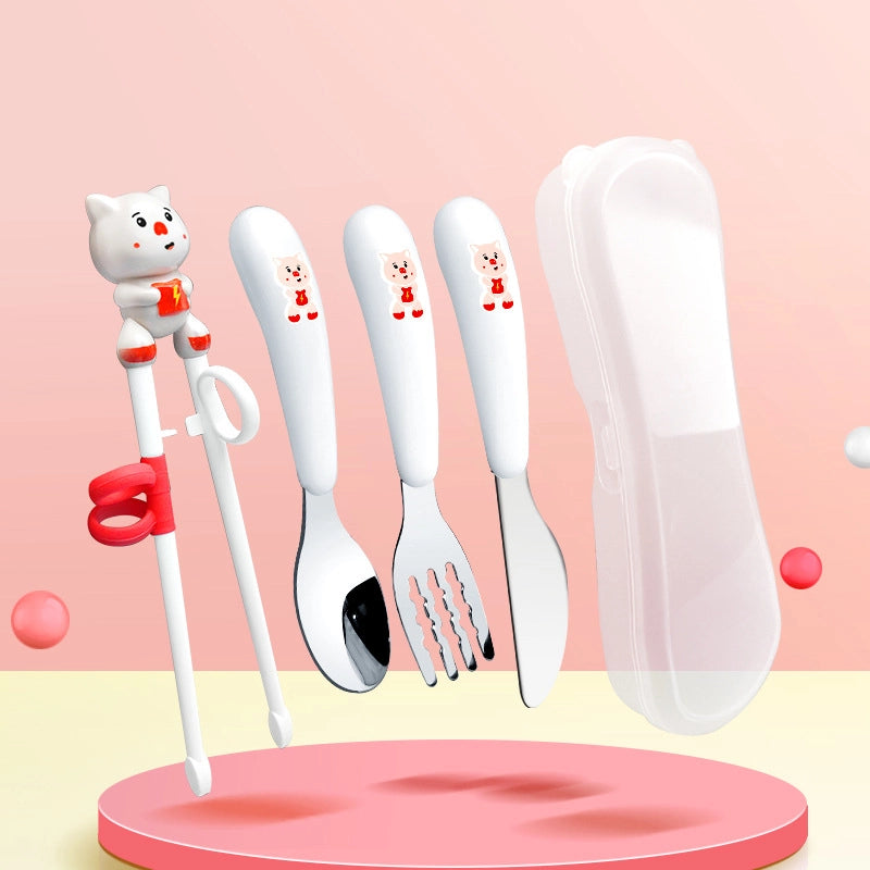 Maternal And Infant Products Portable Feeding Children’s Tableware Set Cartoon Learning Chopsticks Training Chopsticks 304 Stainless Steel Spoon Fork