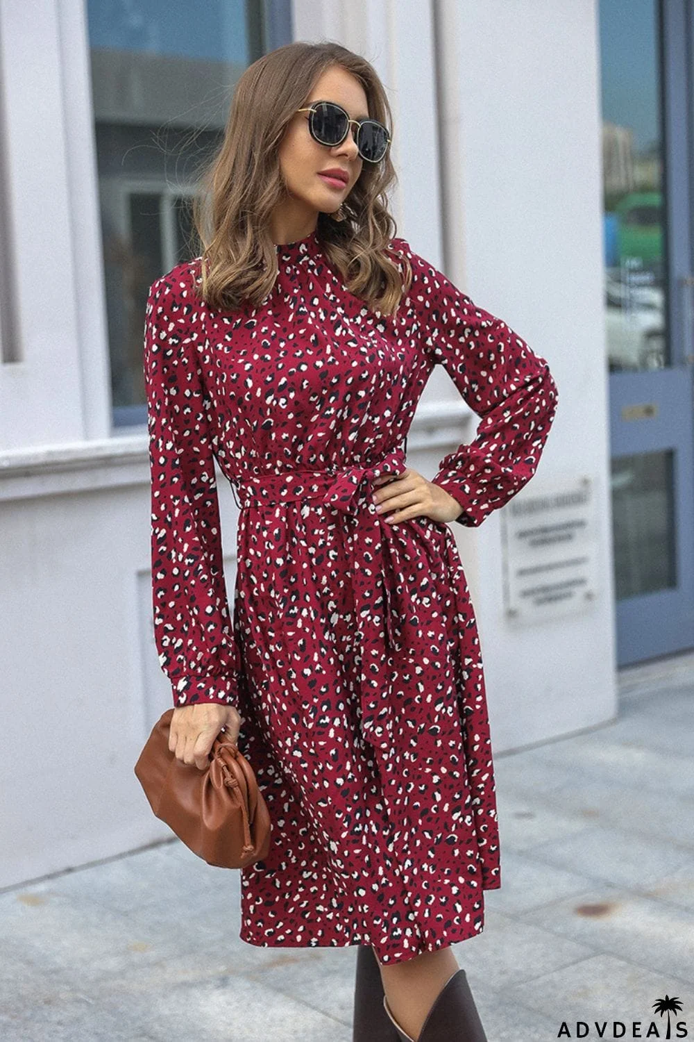 Animal Print Tie-Waist Keyhole Long Sleeve Dress