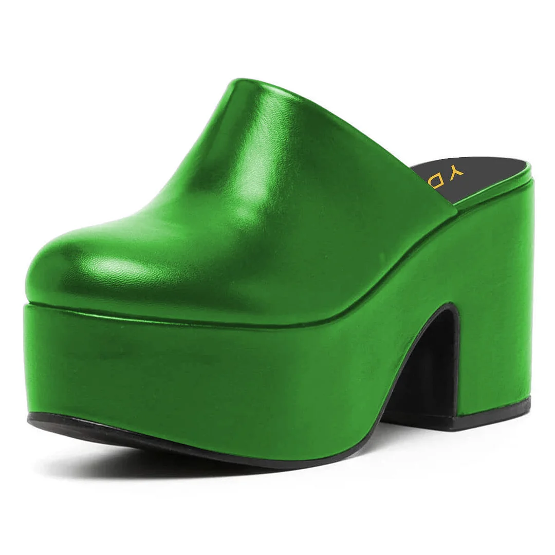 Classic Vegan Leather Round Toe Platform Block Heeled Mules in Green