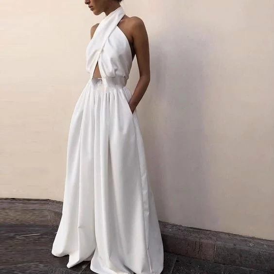 Sonicelife  Halter Wide Leg  Bodycon Summer Jumpsuit Women Overalls  Backless White Skinny Rompers Womens Jumpsuit Female Long Pants