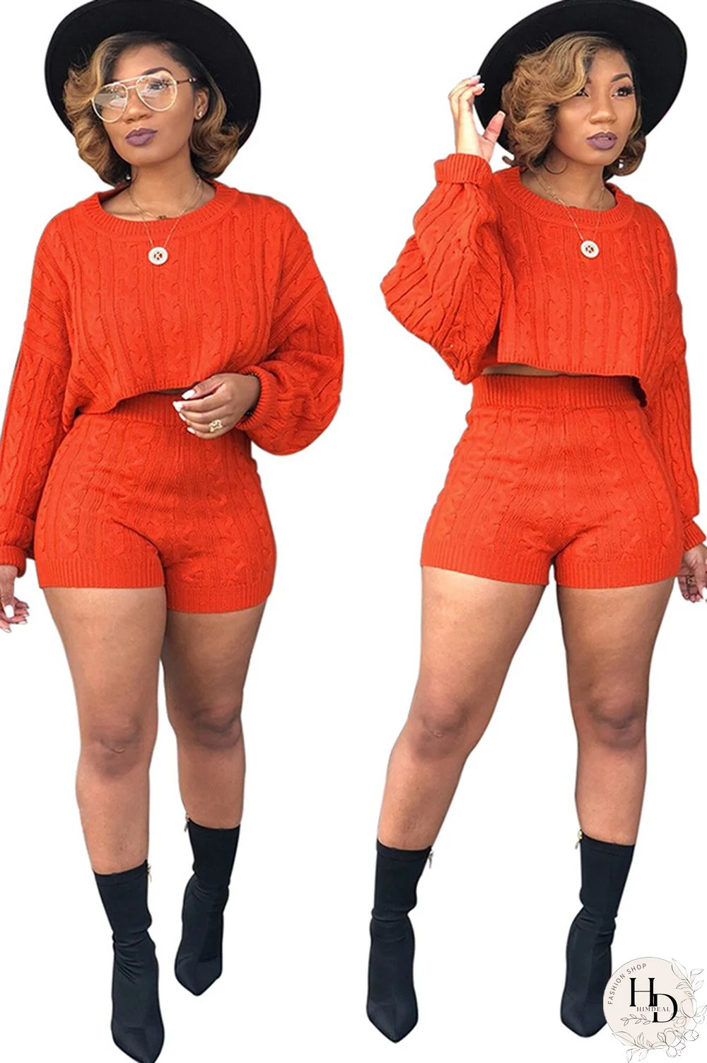 Orange Wool Europe and America Solid Two Piece Suits pencil Long Sleeve Two-Piece Short Set