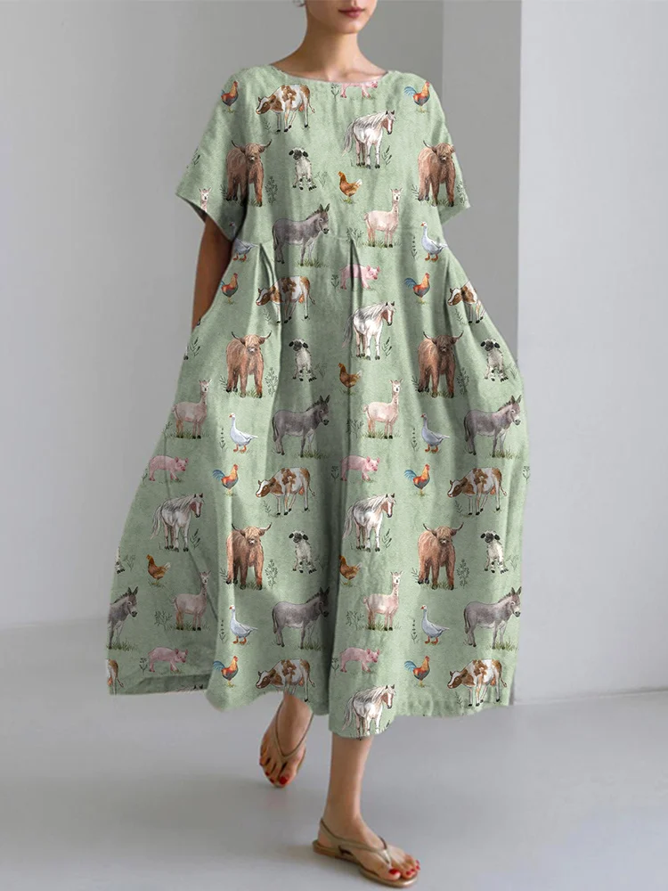Lässiges Kleid aus Baumwolle und Leinen mit Bauernhoftier-Print