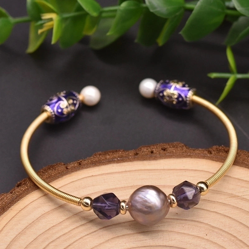 Retro Flower Copper Plating Inlay 18K Gold Plated Pearl Bangle
