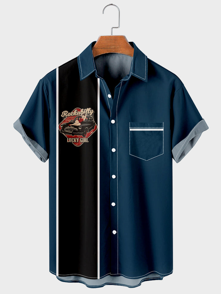 XLTRetro Car Red And Black Striped Creative Stitching Shirt PLUSCLOTHESMAN