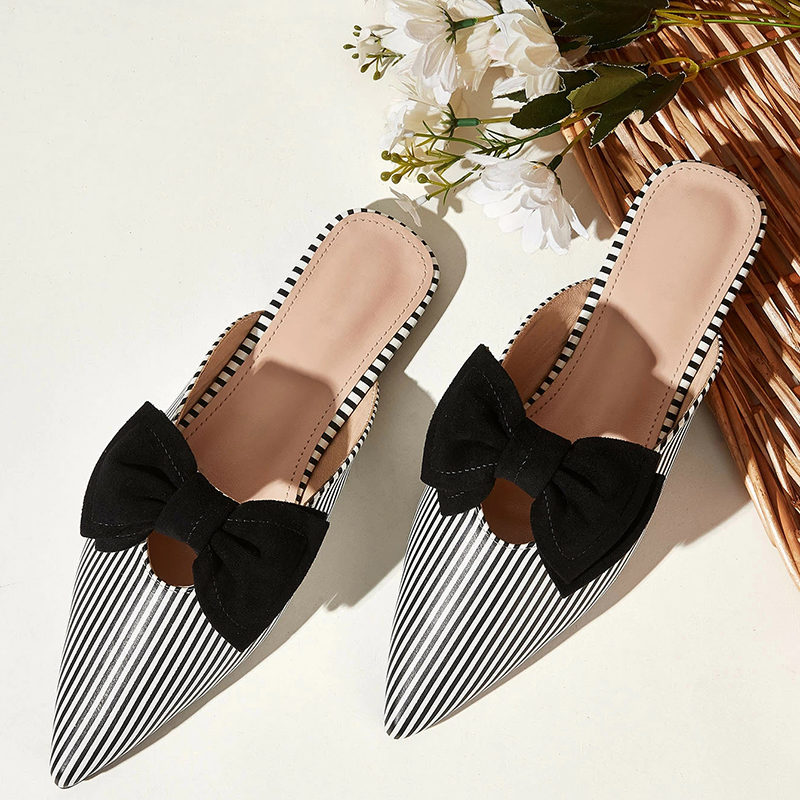 Chic Black and White Striped Slip-On Pointed Toe Mules with Bow Detail Nicepairs