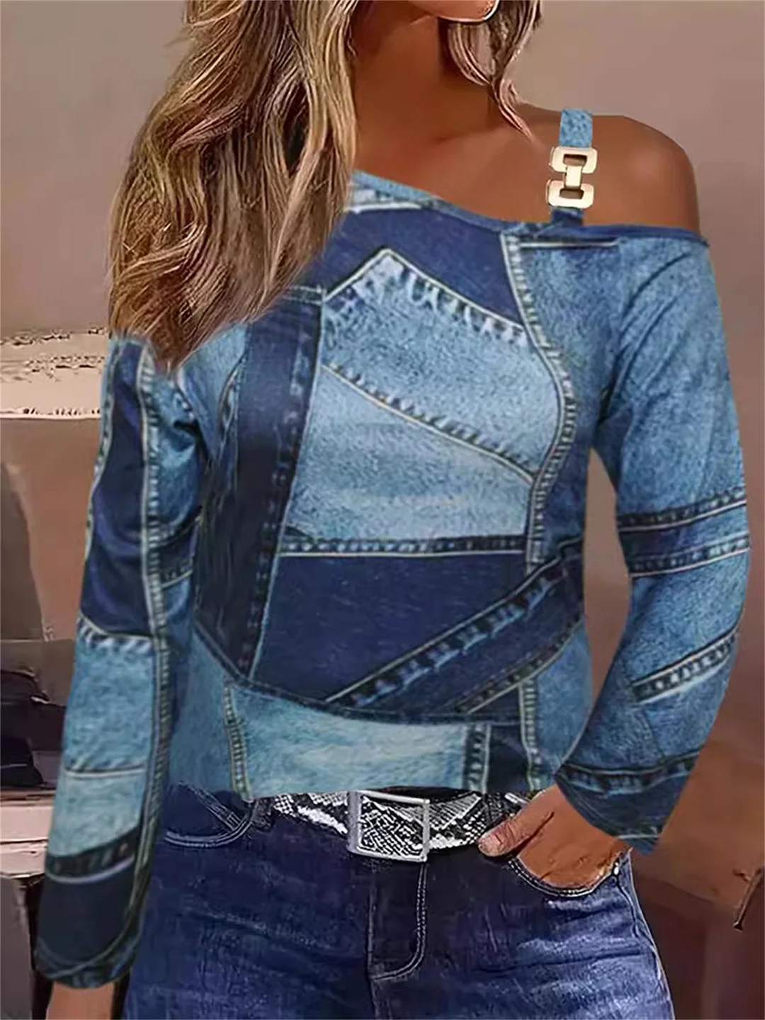 Women Long Sleeve One Shoulder Graphic Tops