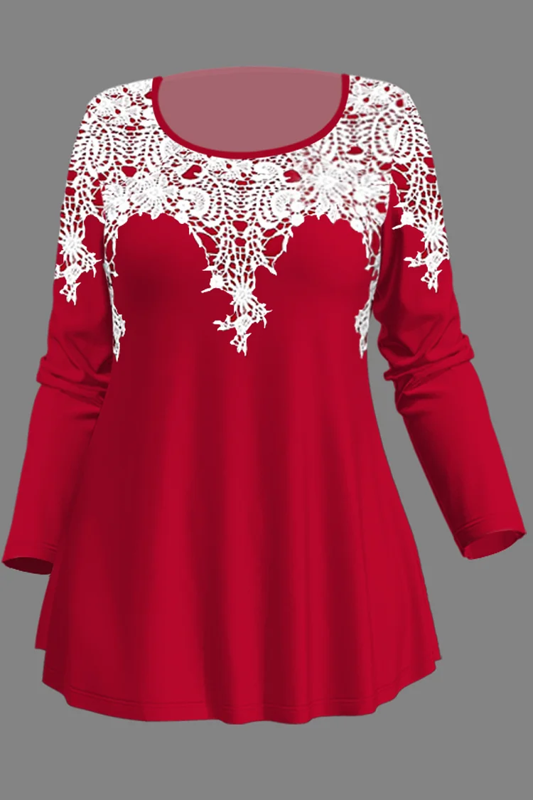Flycurvy Plus Size Casual Red Lace Print Long Sleeve T-Shirt  Flycurvy [product_label]