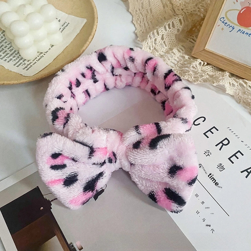 Leopard Stripe Bow Hair Band Women’s Face Washing Sports Hair Band Coral Fleece Hair Accessories