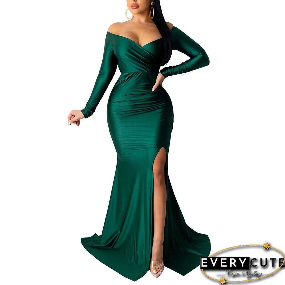 Green V Neck High Split Long Sleeve Party Dress