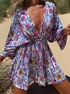 Floral Print Deep V-Neck Loose Casual Mini Dress