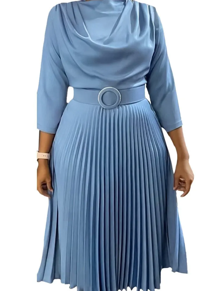 Brownm Autumn Fashion African Solid Color Pleated Dresses