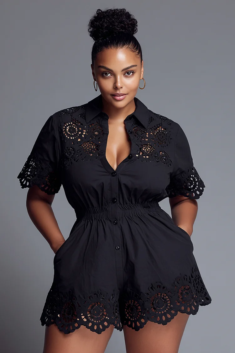 Xpluswear Design Plus Size Daily Black Shirt Collar Short Sleeve Pocket Cut Out Rompers 2024 - Xpluswear