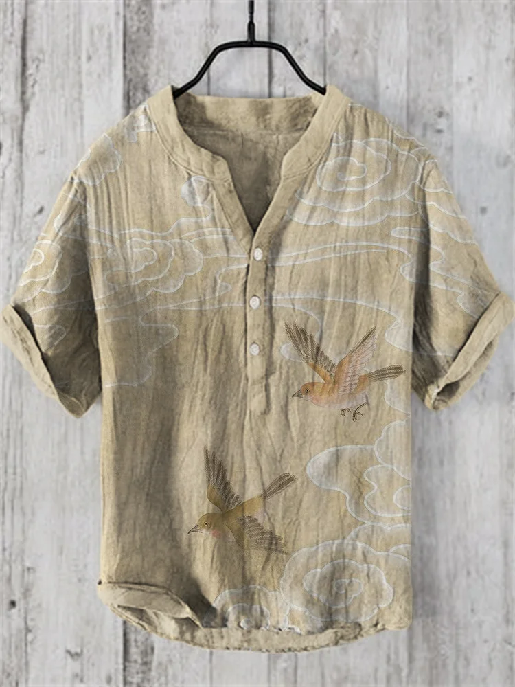 Birds & Clouds Japanese Art Linen Blend Shirt