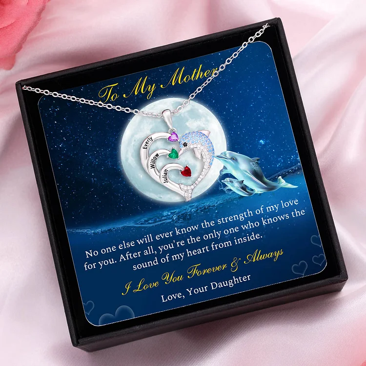To My Mother Heart Dolphin Necklace with 3 Birthstones "I Love You Forever & Always"