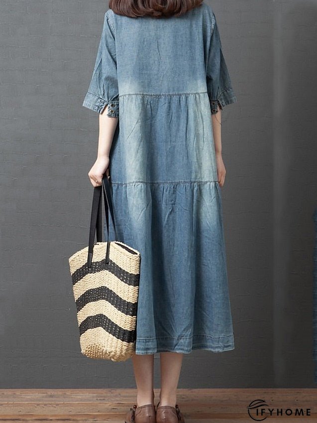 Denim Dress Casual Dress Midi Dress Denim Fashion Casual Daily Vacation V Neck Button Pocket Half Sleeve Summer Spring Fall Loose Fit Blue Dark Gray Plain M L XL 2XL for Women | IFYHOME