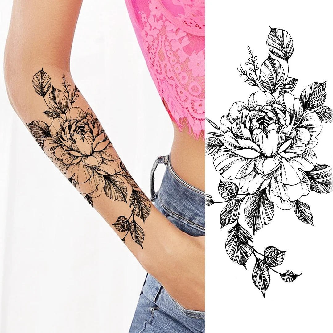 Black Lotus Pendant Temporary Tattoos For Women Adult Rose Flower Jewelry Fake Tattoo Fashion Calf Waterproof Half Sleeve Tatoos