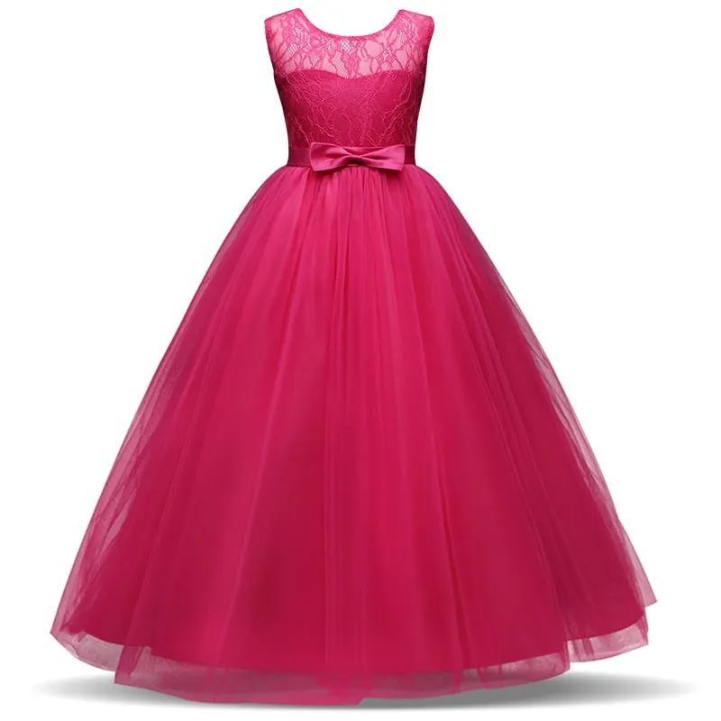 New Princess Lace Dress Kids Flower Embroidery Dress For Girls Vintage Children Dresses For Wedding Party Formal Ball Gown 14T